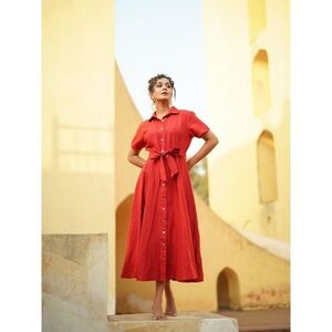 Joie red linen Blend shirt dress tie at waist women's size XS cottagecore